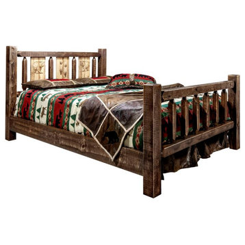 Montana Woodworks Homestead Wood Twin Bed with Bear Design in Brown Lacquered