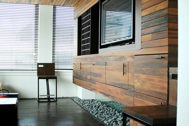 Inspiration for a mid-sized contemporary open concept dark wood floor living room remodel in New York with white walls and a media wall