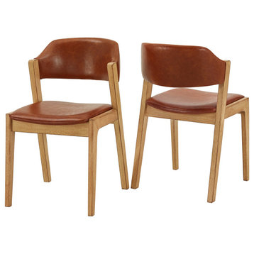 Roros Modern Scandinavian Light Oak Finish Caramel Faux Leather Dining Chairs