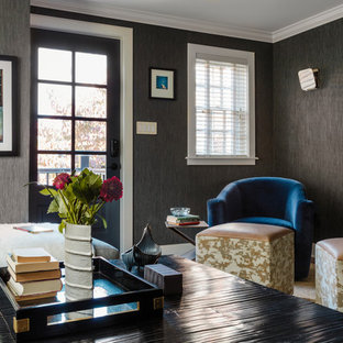 Inspiration for a small transitional enclosed dark wood floor home theater remodel in Philadelphia with blue walls and a wall-mounted tv