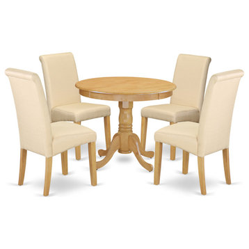 5Pc Small Round Table, Linen Beige Fabric Kitchen Chairs, Oak Chair Legs