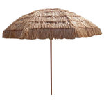 Impact Canopy - 8' Tiki Umbrella - Create a tropical oasis with the Impact Select Tiki Umbrella.  This 8'  thatched Hawaii grass skirt style umbrella is held up by a strong metal frame and a auger tip, can be used in the sand or in an umbrella stand.  The aluminum pole with powder coated with a wood grain finish.  Open dimensions of the umbrella is 94" x 94" x 94.5" tall.