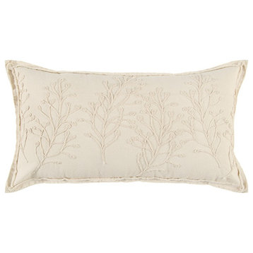 Beige Botanical Pattern Embroidered Lumbar Pillow