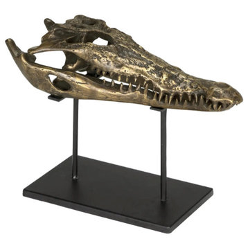 11.5 inch Alligator On Stand Antique Brass Sculpture