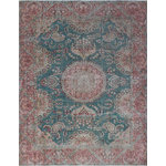 Noori Rug - Fine Vintage Distressed Laurian Blue-Green/Red Rug, 9'4x12'3 - Hand-knotted by skilled artisans and weavers, this wool rug updates a traditional medallion design with an overdyed Teal field and pronounced abrash. Because of each rug's handmade nature, no two are exactly alike, and quantities are limited. To extend the life of this rug, we recommend to always use a rug pad. Professional cleaning only.
