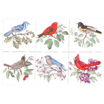 Song Birds Kiln Fired Ceramic Tile Backsplash Blue Bird Cardinal, 6-Piece Set