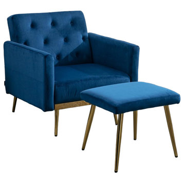 Accent Chair With Ottoman, Gold Legs & Tufted Recliner Back, Navy Velvet