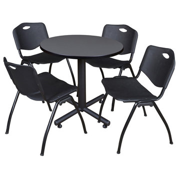 Kobe 30" Round Breakroom Table- Grey & 4 'M' Stack Chairs- Black