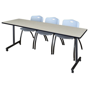 84" x 24" Kobe Mobile Training Table- Maple & 3 'M' Stack Chairs- Grey