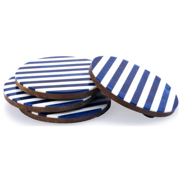 Striped 4 pieces White and Ocean Blue Design Coaster set