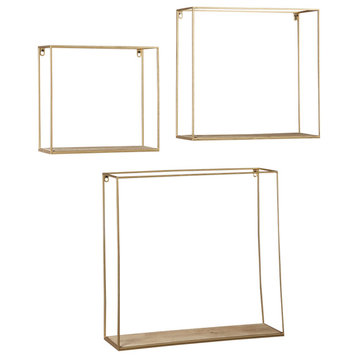 Benzara BM231417 Metal Frame Wall Shelf With Keyhole Hanger, Set of 3, Gold
