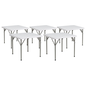 Set of 5 Folding Table, Gray Metal Legs With Square Granite White Finished Top