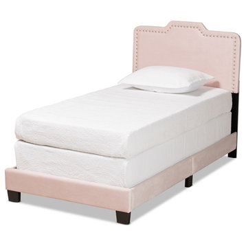 Benjen Glam Light Pink Velvet Fabric Upholstered Twin Size Panel Bed