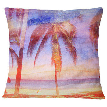 Retro Palms Light Blue Watercolor Trees Painting Throw Pillow, 16"x16"