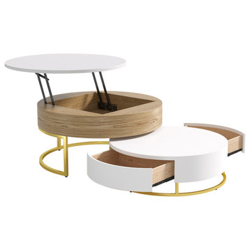 Nesnesis Modern Round Lift-top Nesting Wood Coffee Table with Drawers, White/Natural
