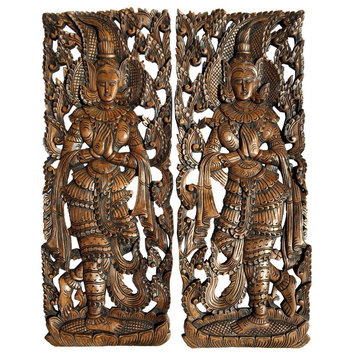Set of 2, Traditional Thai Sawaddee Welcome Figure Wall Art Sculpture Panels