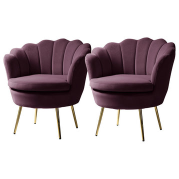 Velvet Accent Barrel Chair With Scalloped Seashell Edges Set of 2, Purple