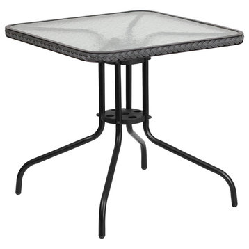 28" Square Tempered Glass Metal Table With Gray Rattan Edging