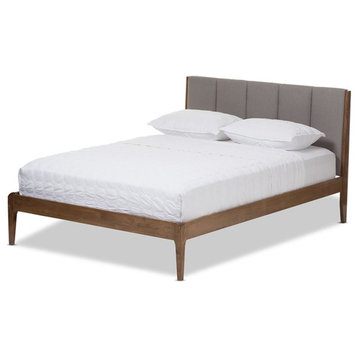 Bowery Hill Mid-Century Fabric Queen Platform Bed in Light Gray/Walnut Brown