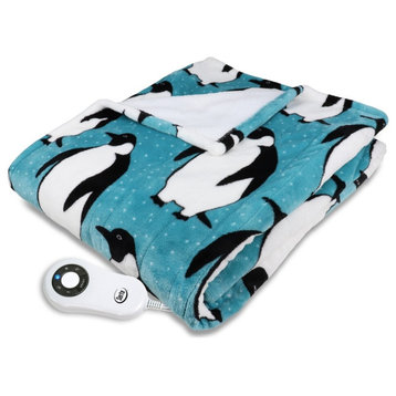 Serta Shiny Sherpa Electric Heated Warming Throw Blanket Penguin Teal
