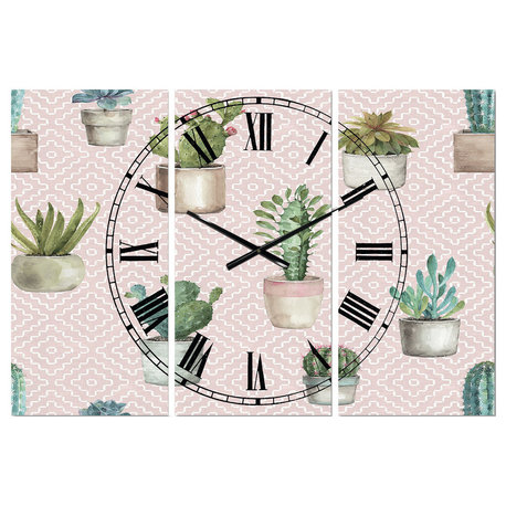 Potted Cactus On Pink Geometrical Pattern Traditional Multipanel Clock