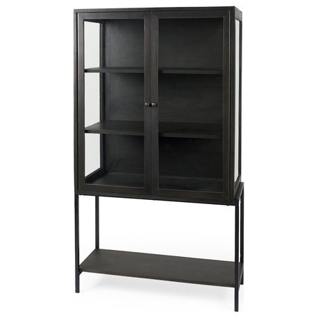 Arelius Solid Wood With Metal Base Display Cabinet, Dark Brown