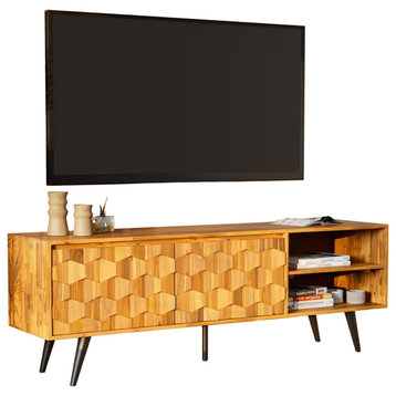 Modern TV Stand, Wooden Frame With Unique Geometric Accented Door, Teak Brown