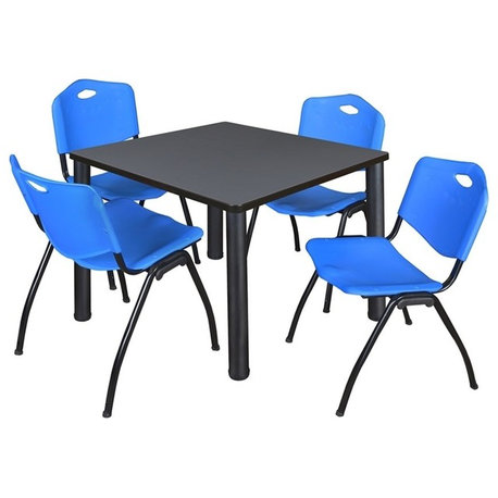 Kee 42" Square Breakroom Table, Gray, Black and 4 'M' Stack Chairs, Blue