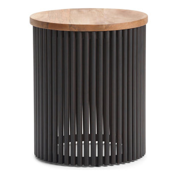 Demy Black Metal Round Side Table With Wood Tabletop