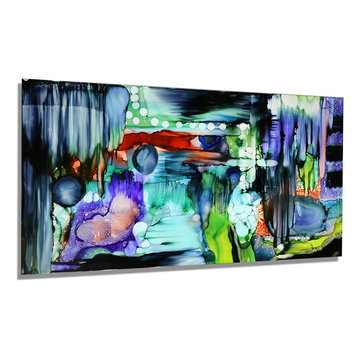 Escape - Fun, Abstract Colorful Painting, Red, Green, Teal, Pink Metal Wall Art