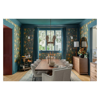 Moody Sophisticated Dining Room with Deep Teal Floral Wallpaper and ...