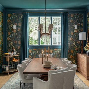 Moody Sophisticated Dining Room with Deep Teal Floral Wallpaper and Trim