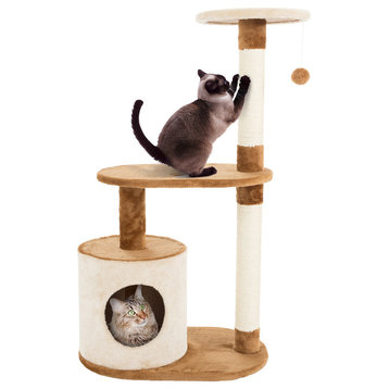 Cat Tree 3 Tier 37.5"H with Condo, Scratching Posts, Brown and Tan By Petmaker