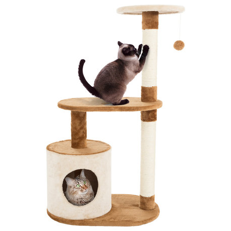 Cat Tree 3 Tier 37.5"H with Condo, Scratching Posts, Brown and Tan By Petmaker