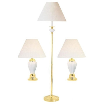 Ceramic/Brass Table And Floor Lamp Set of 3 In Ivory