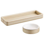 Kraftware Corp. - Kraftware Zapa Beige 2-Piece Bathroom Set - Style your bathroom or vanity countertop with the Kraftware Zapa Beige 2-Piece Bathroom Set. This beige leatherette set with tan stitching includes a rectangular amenity tray and soap dish. Its clean lines and minimal detailing make it an ideal addition to modern bathroom decor.
