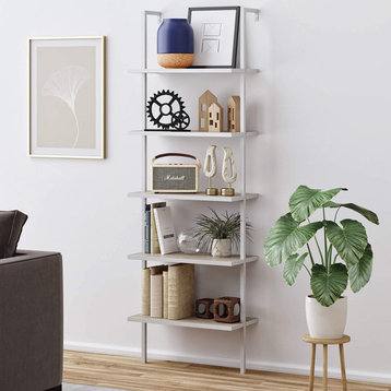 Modern 5-Shelf Bookcase, Open Wall Mount Ladder, White