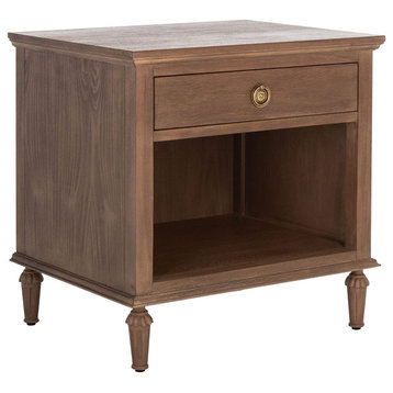 Contemporary Nightstand, Carved Legs With Open Shelf and Drawer, Brown