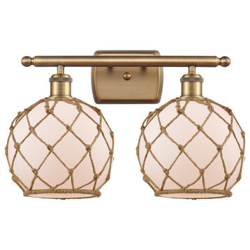 Ballston Farmhouse 2 Light Fixture, Brushed Brass/White Glass With Brown Rope