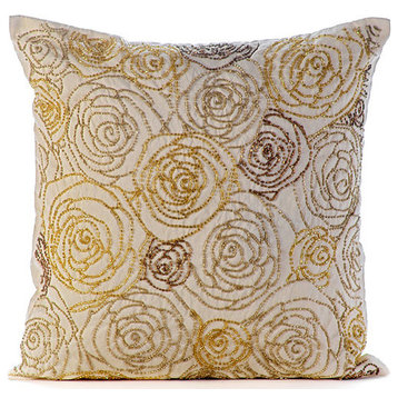 Beaded Rose Flowers 16"x16" Art Silk Gold Pillows Cover, Gold Dust Rose