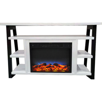 32" Electric Fireplace Mantel With Log Display and Flames, White and Black