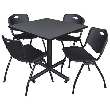 Kobe 36" Square Breakroom Table- Grey & 4 'M' Stack Chairs- Black