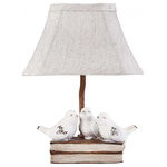 HomeRoots Furniture - HomeRoots Three feathered Friends Atop a Stack of Books Accent Lamp - Elevate the look of your room with this scenic lamp. Its appealing style will augment your space, while its finish and color will vivify it. It's not just gorgeous either. This lamp is made from high-quality materials, a linen shade and a poly resin lamp base. Furthermore, this lamp will provide you with the prettiest lighting and make a relaxing setting. As for measurements, they're 12" for height, 6" for width, and 6" for depth, and it weighs 2 pounds. If you want a lamp that can serve the dual purpose of both looking good and be functional, you've found the right one. Bulbs required: yes, bulbs replaceable: yes, bulb type required: E-12, bulb count: 1, and bulb max. wattage: 40