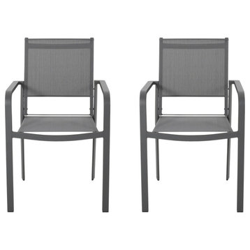 Angelo Outdoor Modern Dining Chair With Mesh Seat, Set of 2, Gun Metal Gray/Dark Gray