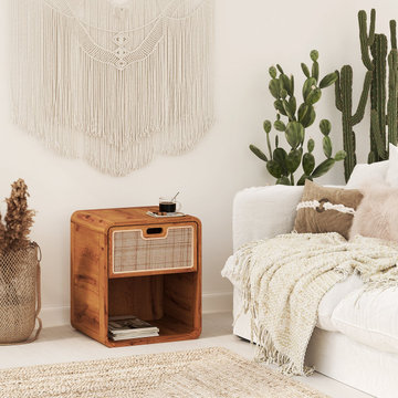 Our Fiby Solid Teak Wood & Rattan Nightstand with a Drawer and Storage