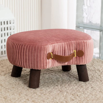 Velvet Footstool and Ottoman with Wooden Legs, Pink