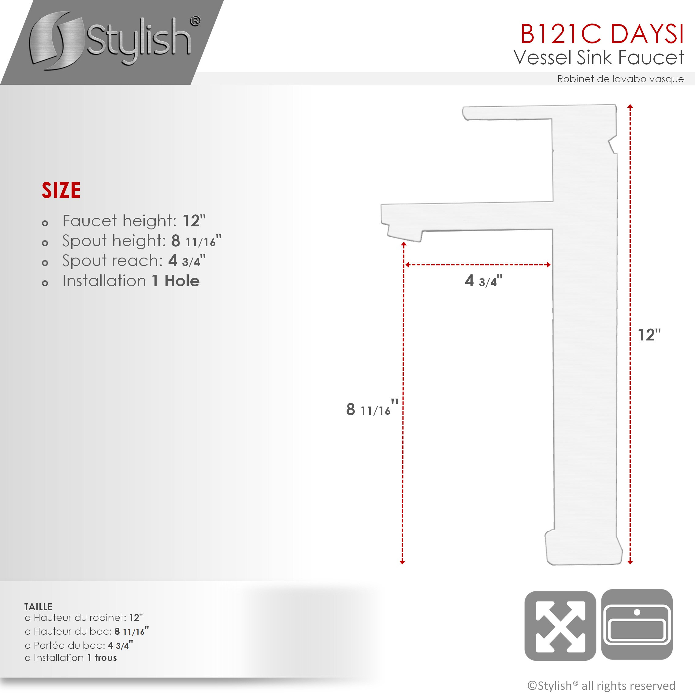 STYLISH Vessel Sink Single Hole Bathroom Faucet, Polished Chrome
