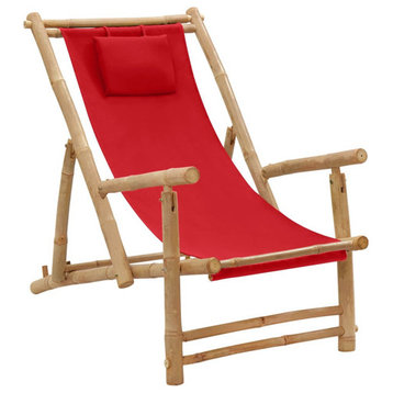 vidaXL Deck Chair Patio Sling Chair for Balcony Porch Bamboo and Canvas Red