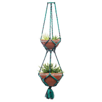 Macrame Tiered Two Pots Hanging Planter Assorted Upcycled Sari