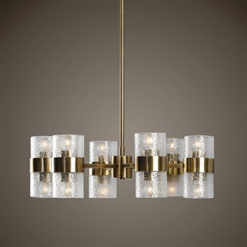 Art Deco Crystal Shade Chandelier, Round 12-Light Gold Brass